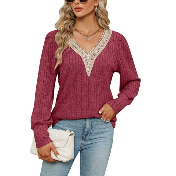 ClodeEU Womens V-Neck Lace Ribbed Brushed Long Sleeve Sweaters ,Trendy Sexy Sweater Jumper Tops Wine,Womens Plus XL