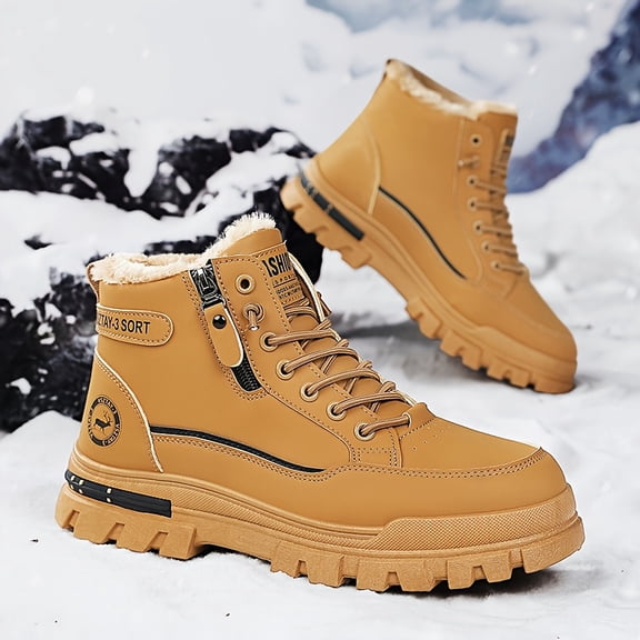 Men'S Vintage-Style Fleece-Lined Snow Boots - Yellow High-Top Lace-Up with Rugged Tread, Faux Upper & Cushioned EVA Insole for Winter Outdoor & Casual Wear, Winter Footwear, Solid Color Design
