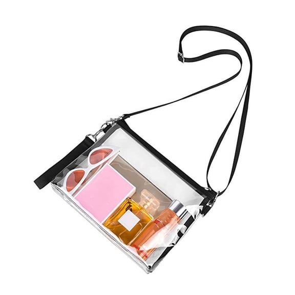 Transparent PVC 215x275x2mm Small Stadium Approved Crossbody Bags Rectangle See Through Black Handbag Clear Waterproof Shoulder Purse with 53cm Adjustable Strap