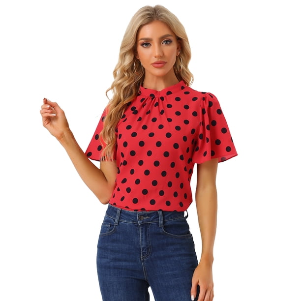 Blusa Corta Manga Acampanada Allegra K Rojo Plisado Cuello Alto XL
