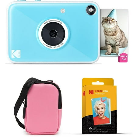 KODAK Printomatic+ Instant Camera Bundle (Blue) 10MP w/ Pink Case & 20 Zink Paper