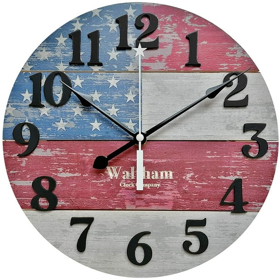Waltham Real Wood Wall Clock, 12 inch, Battery Operated, American Flag Design - Made from Real Wood – not Particle Board or MDF- 100% Real Wood!