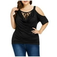 thumbnail image 1 of Jgppe Womens Plus Size Cold Shoulder Blouse Cowl Neck Lace Patchwork Stretchy Solid Color Casual Summer Tops, 1 of 7