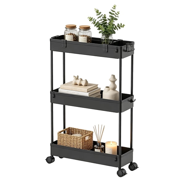 Slim Storage Cart 3 Tier, Narrow Rolling Utility Organizer on Wheels, Mobile Shelving Unit for Bathroom Kitchen Laundry Black