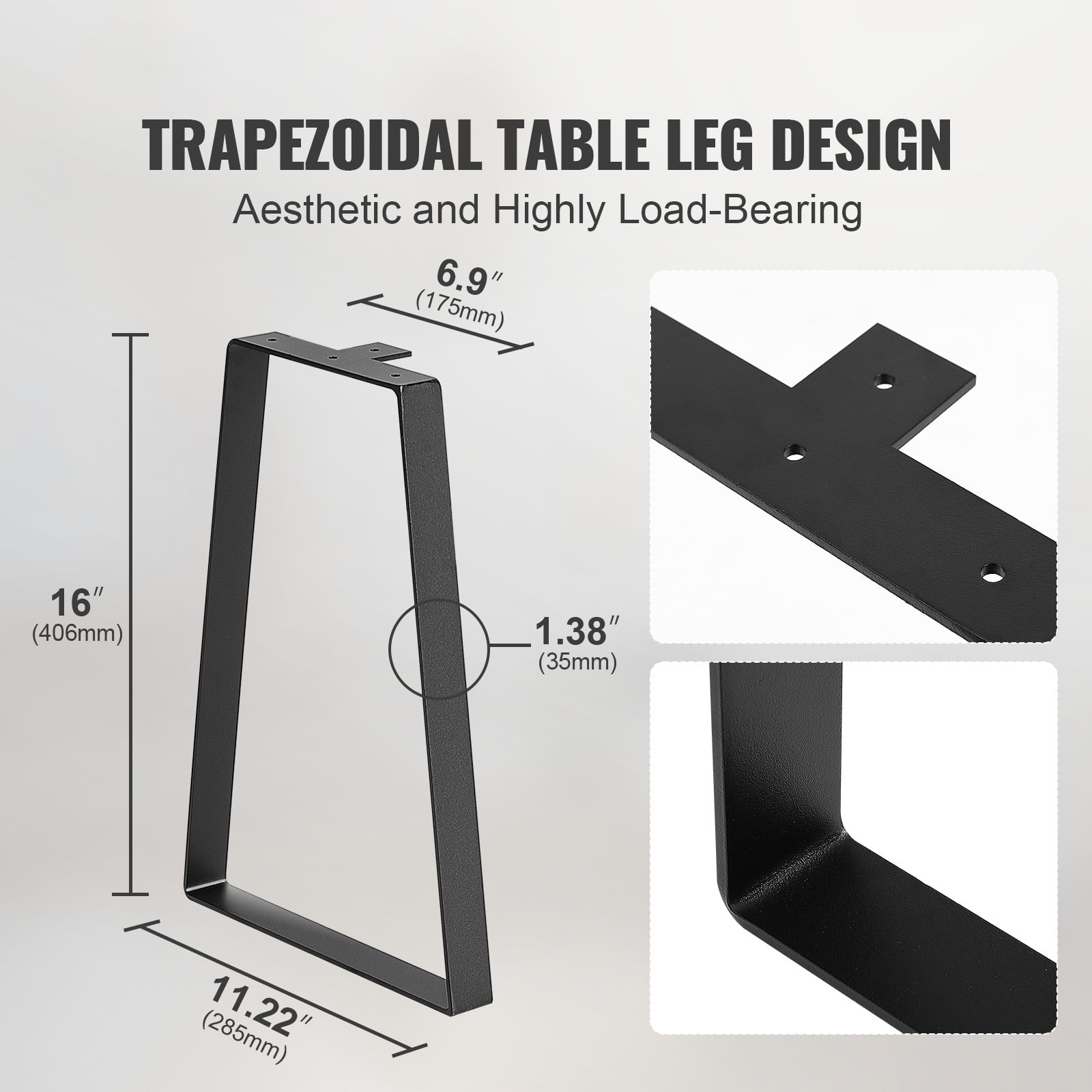 KFFKFF 16" Steel Trapezoid Legs, 2-Pack for Crafting Tables, Desks, Benches, Sofas, Supports up to 400 lbs, Durable, Easy Install, Black