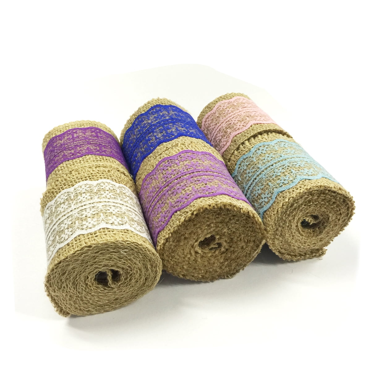 Wrapables® Hessian Burlap with Lace Ribbon 2.5 Inch Width x 2 Yards Length (Set of 6), Pink/Lavender/Purple/Sky Blue/Blue/White