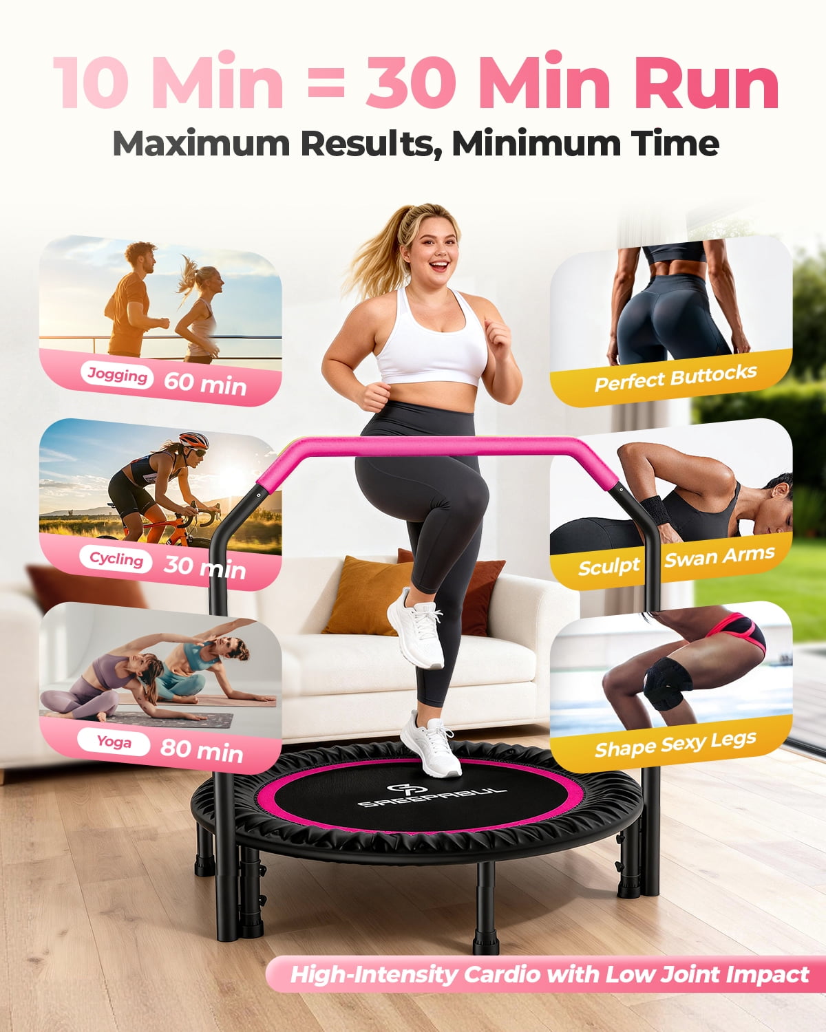 SAEEPABUL 40 Inch Mini Fitness Rebounder Trampoline with Adjustable Handle, Indoor Exercise Workout Trampoline for Adults, Max Load 330lbs Pink