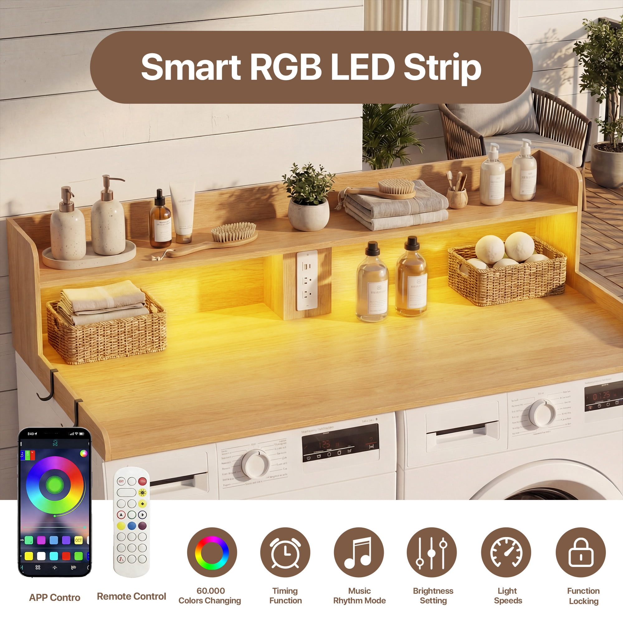 YDN 54" Large Laundry Countertop with Power Outlet & LED Lights, 2-Tier Washer Dryer Countertop for Laundry Room Organization,Washer and Dryer Topper W/ Storage Basket,Metal Hooks,Non-Slip Pad,Nature