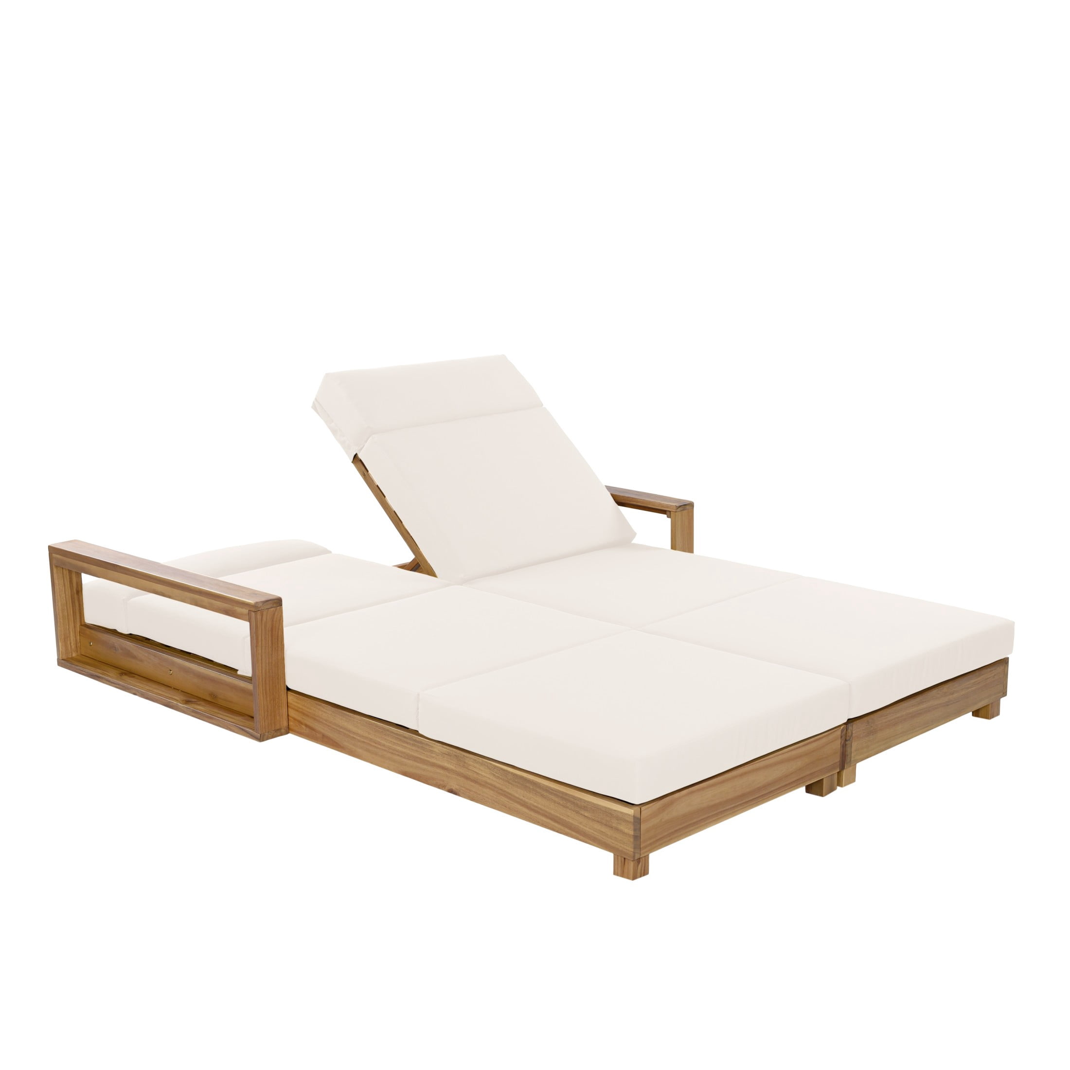 Christopher Knight Home Double Wood Outdoor Chaise Lounge with Adjustable Backrests and Cushions, Cream
