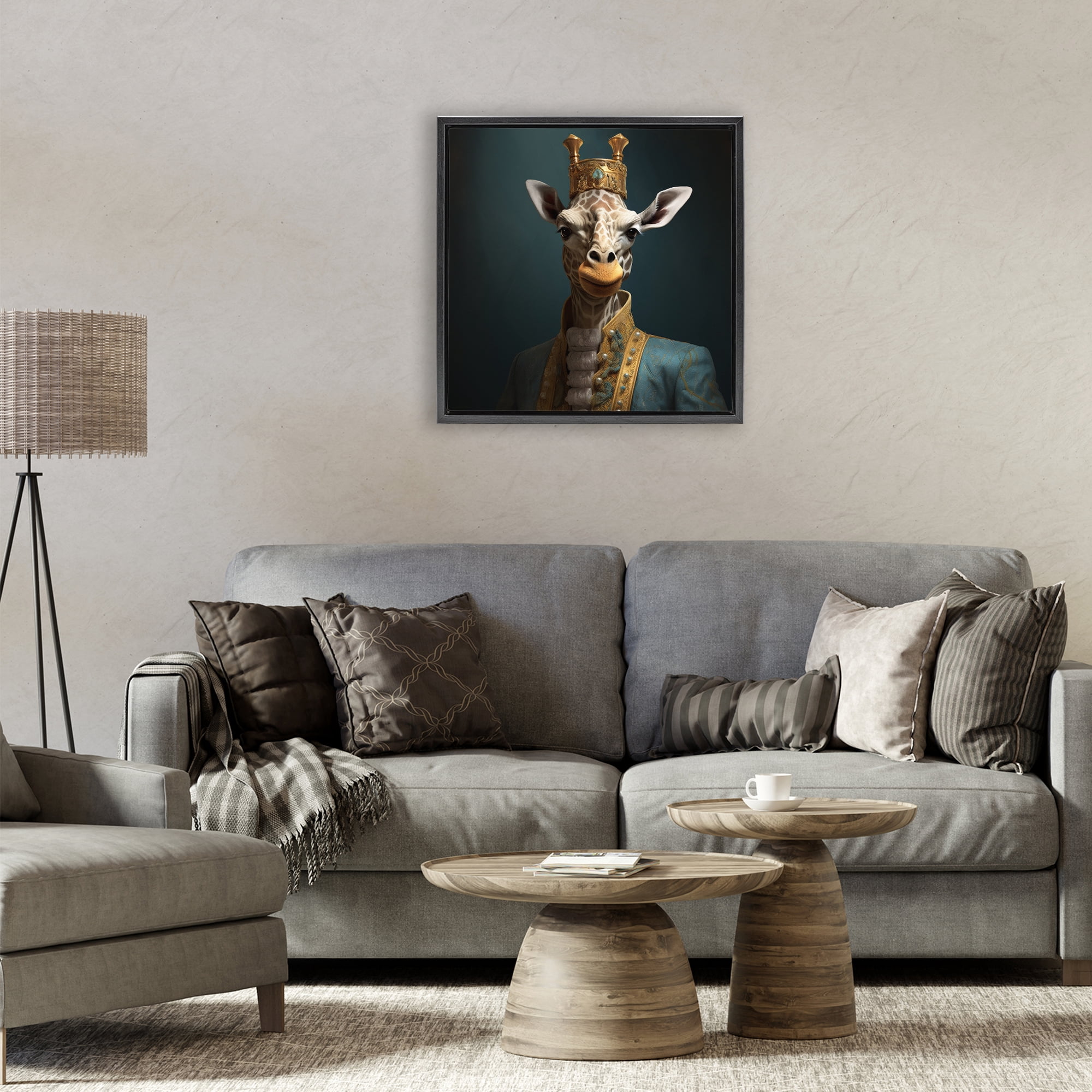 Stupell Industries Giraffe Gaze in Regal Crown Black Framed Floater Canvas Wall Art, design by Lazar Studio