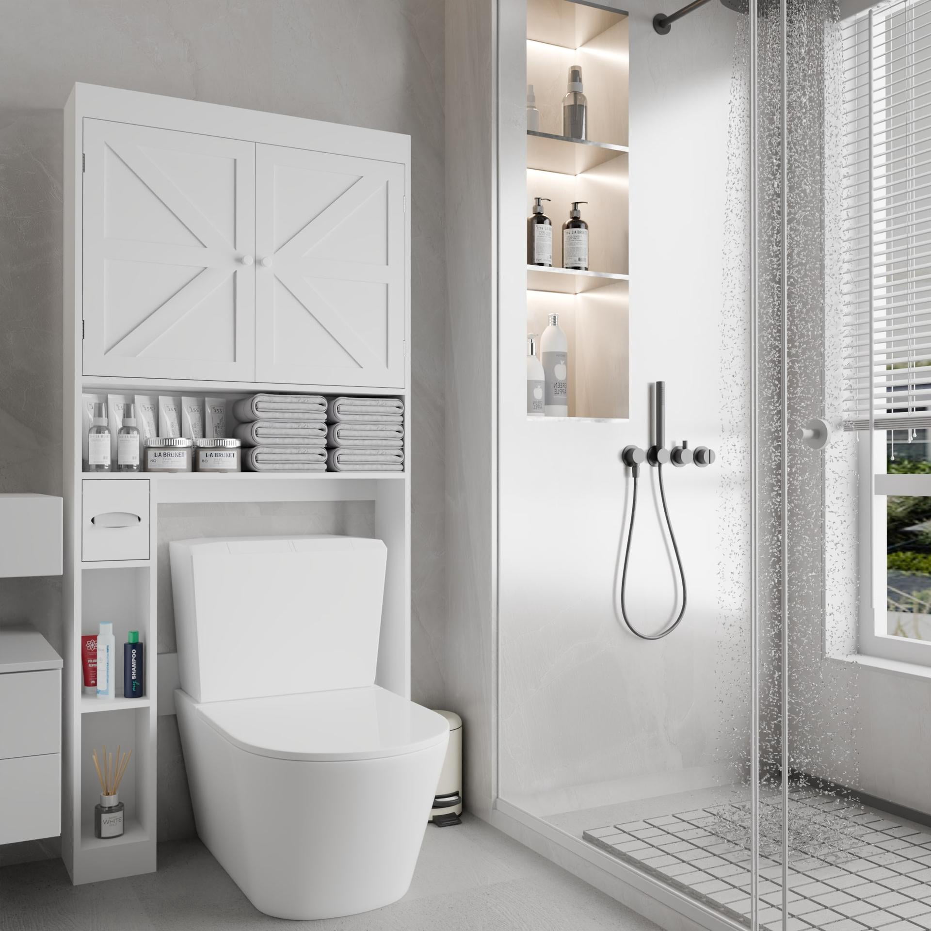 Over-the-Toilet Storage Cabinet, 2-Door Farmhouse Space-Saving Bathroom Rack for Restroom, Laundry, White