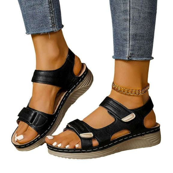 Platform Sandals for Women 2025 Beach Summer Casual Leather Wide Open Toe Flat Walking Work Sandals