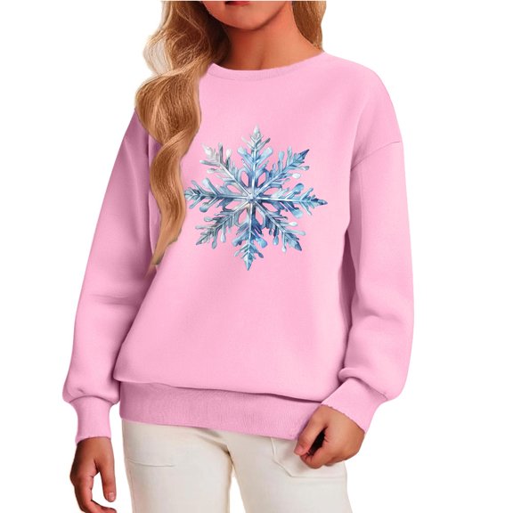YOUYEDIAN Girls Xmas Glitter Snowflake Printed Sweatshirt Casual Long Sleeve Crewneck Christmas Pullover Fashion Shirts Pink 8-9 Years