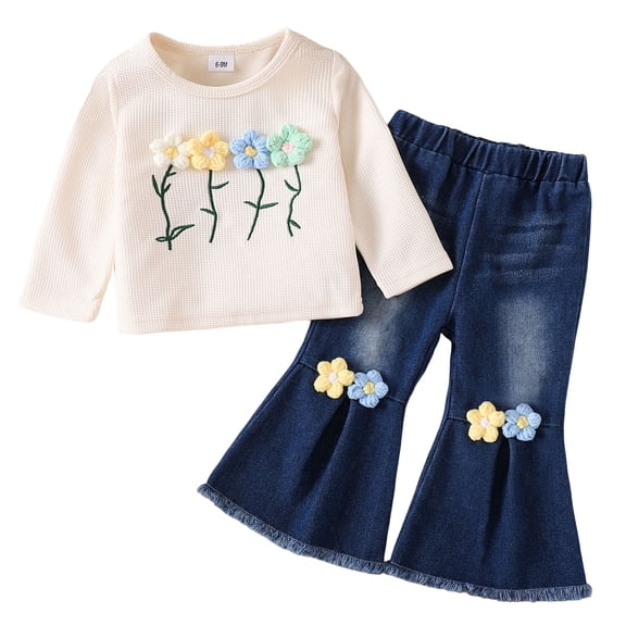 Dmsael Toddler Baby Girl Clothes Fall Winter Outfits Gifts Sweatshirt Bell Bottom Jeans Pants for 9Months-3 Year Girls (White,12-18 Months )