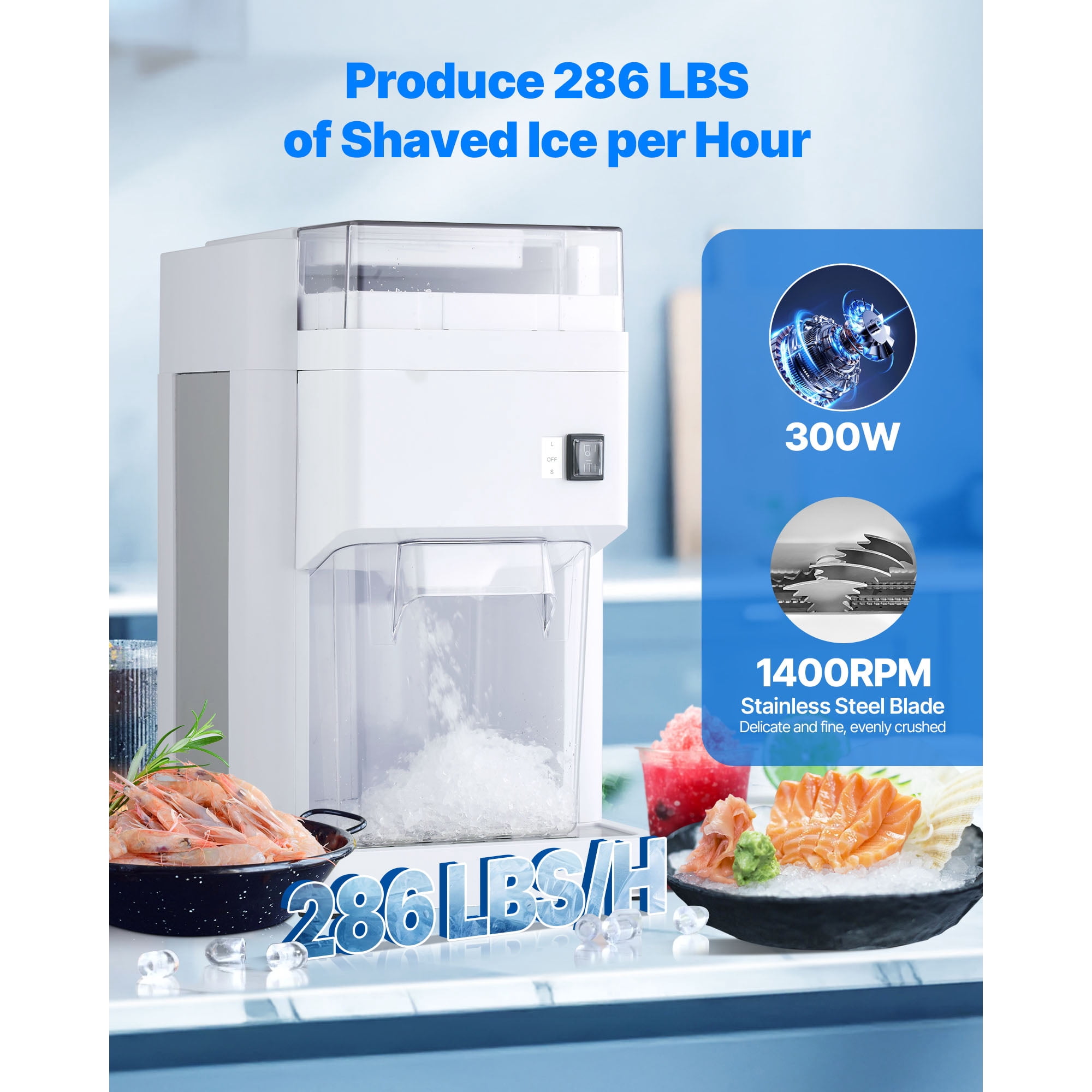 KFFKFF Commercial Ice Shaver Machine with 1.91QT/1.8L Capacity, Electric Ice Crusher Featuring 300W Motor and Stainless Steel Blades, Ideal for Bar Use, Seafood Storage, and Home Gatherings, White