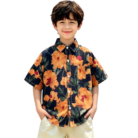 BRGZLK Boys Hawaiian Shirts Trendy Tropical Relaxed Fit Short Sleeve Button Down Tops Casual Floral Beach Shirt for Kids Summer Vacation Orange 8-9Y