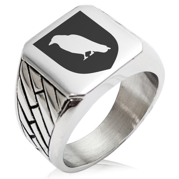 Stainless Steel Raven Bringer of Death Coat of Arms Shield Geometric Pattern Biker Style Polished Ring