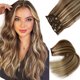 thumbnail image 1 of Extensiones de cabello con clip Extensiones de cabello humano real Extensiones con clip de 20 pulgadas Castaño Marrón Balayage Rubio Destacados Extensiones de cabello real Clip en cabello humano Remy, 1 of 5