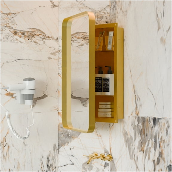 JERFIT 24" x 30" Recessed or Surface Mount Gold Medicine Cabinet with Mirror, Adjustable Shelves for Bathroom Storage