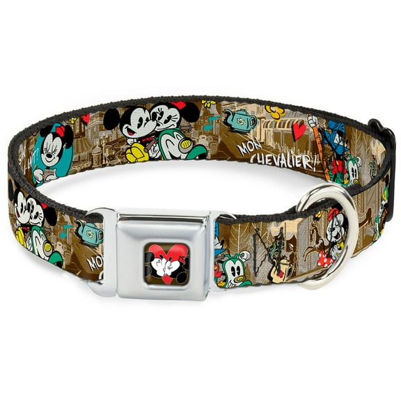 Disney Pet Collar, Dog Collar Metal Seatbelt Buckle, Mickey Minnie Croissant De Triomphe Scenes, 11 to 16.5 Inches 1.0 Inch Wide