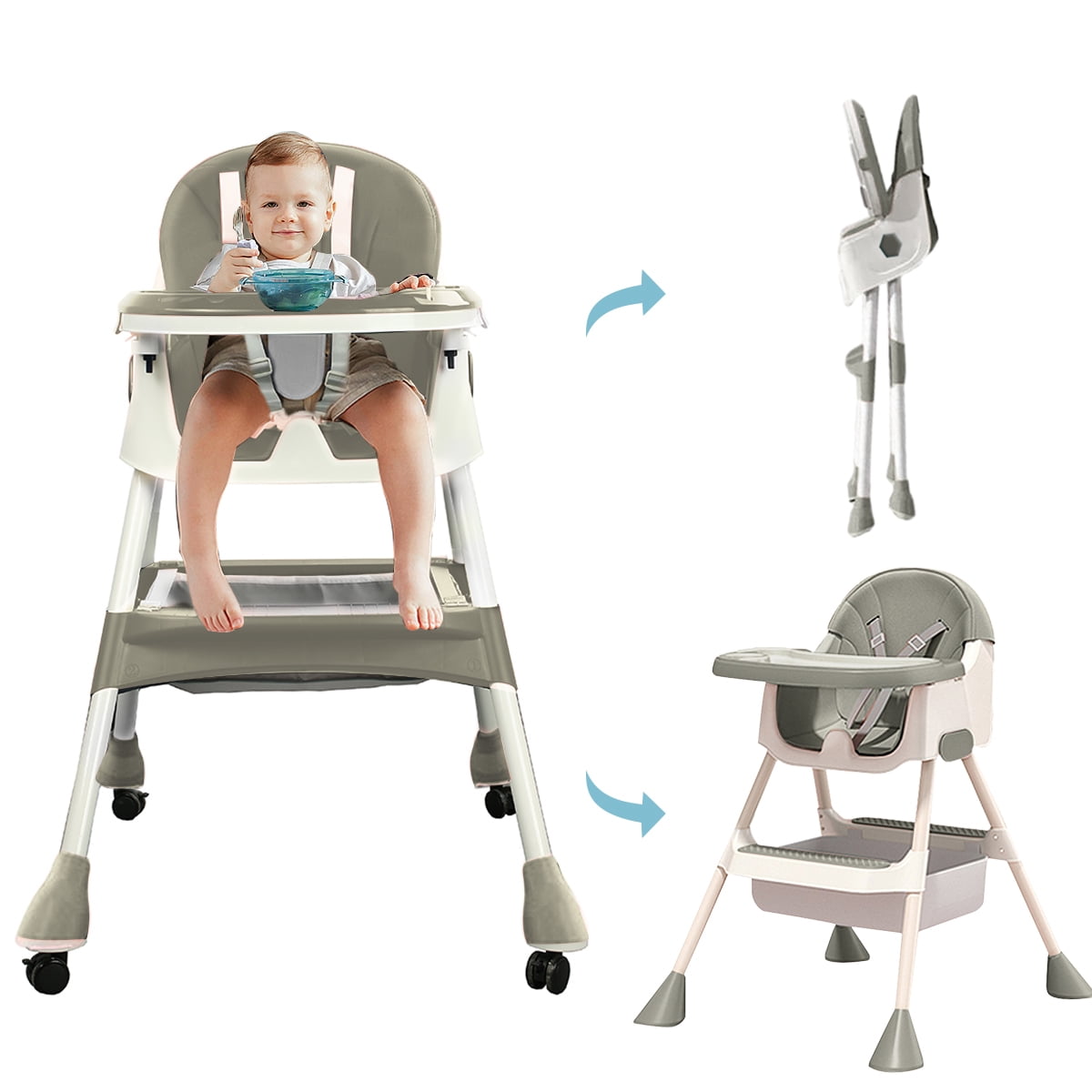 Liyufly 4-in-1 Baby High Chair Portable Baby Dining Chairs Eat & Play Convertible High Chair with Five-point Snap Button, Double-layer Dinner Plate and Toy Rack, Gray