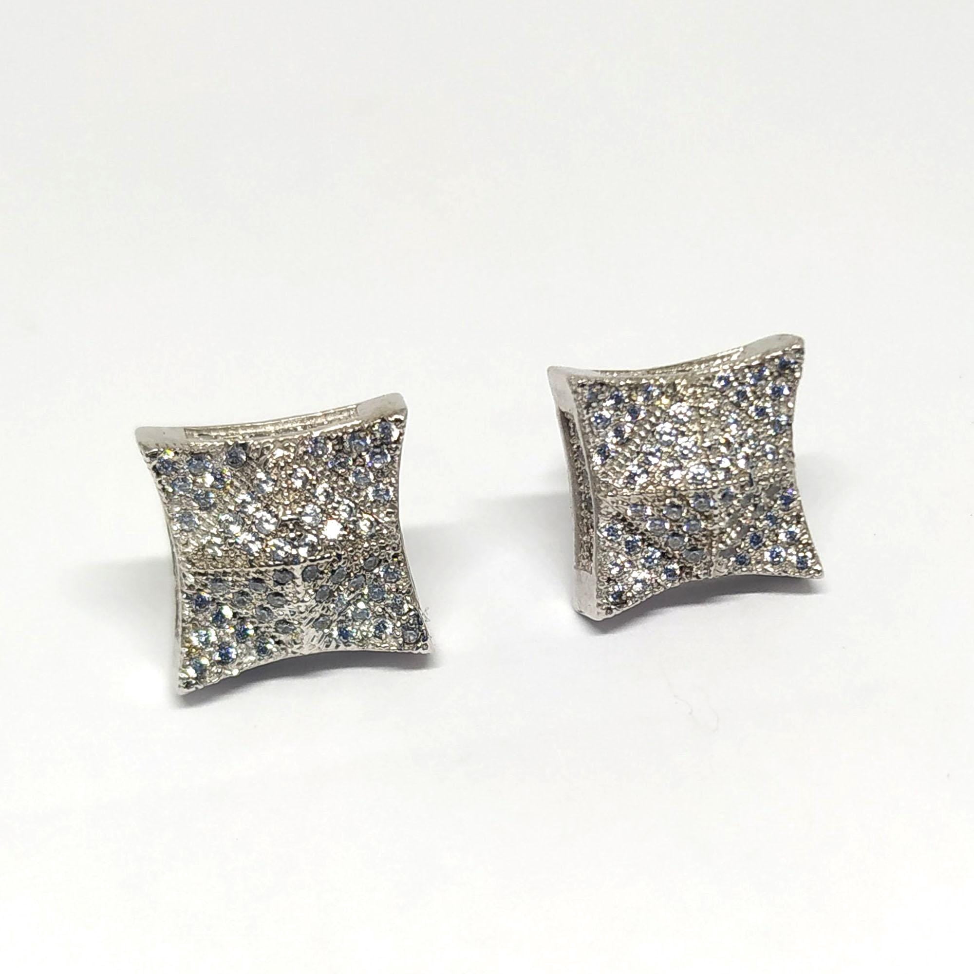 14K White Gold Plated Brass 1Ct Round Cut Clear CZ Men's Square Stud Earrings, Micro Pave CZ Stud Earrings Kite Shape Square Stud Earrings