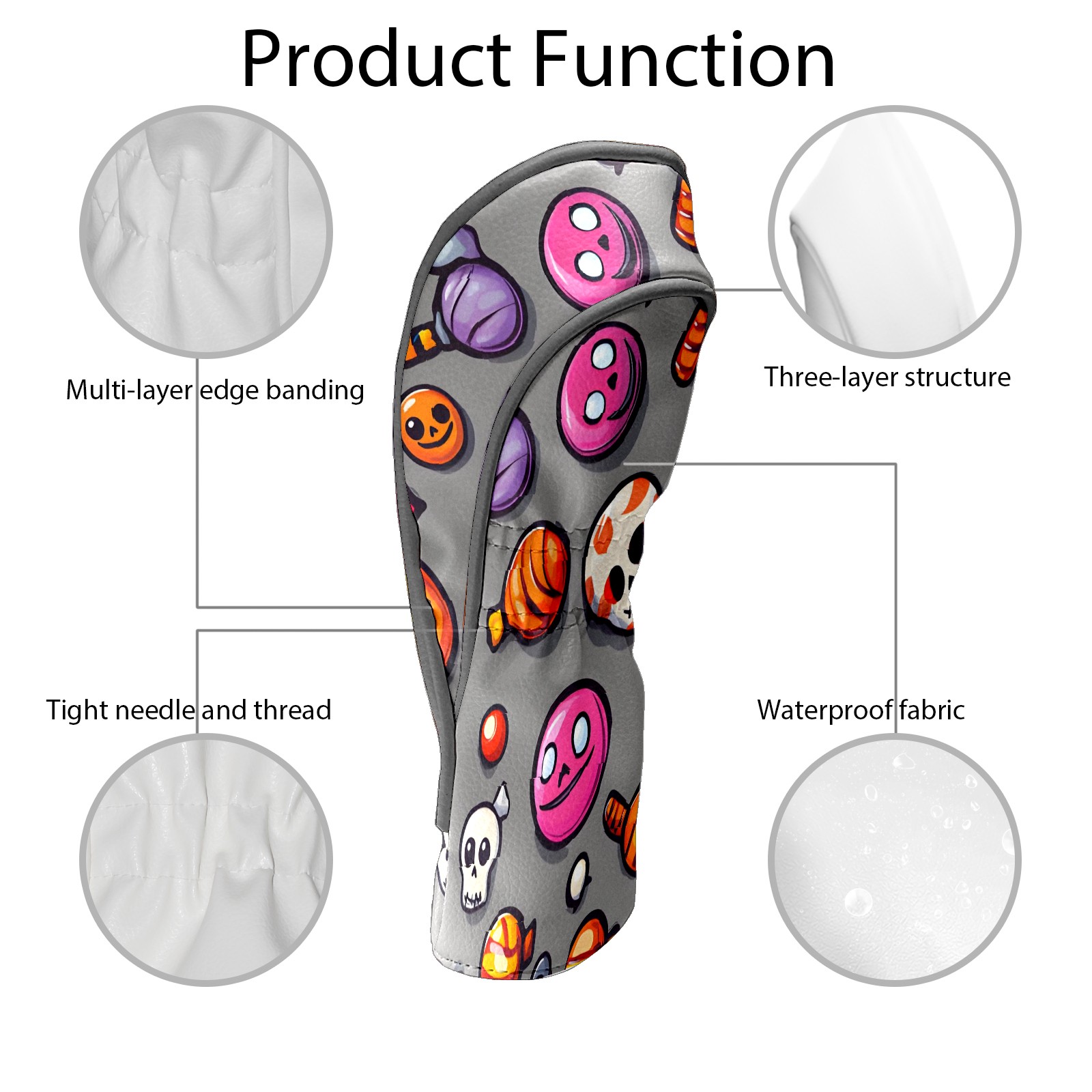 Golf Club Covers, Gray HalloweenCandy Premium PU Leather Driver Hybrid Putter Head Covers with Velvet Lining, Waterproof Golf Gifts for Men Women