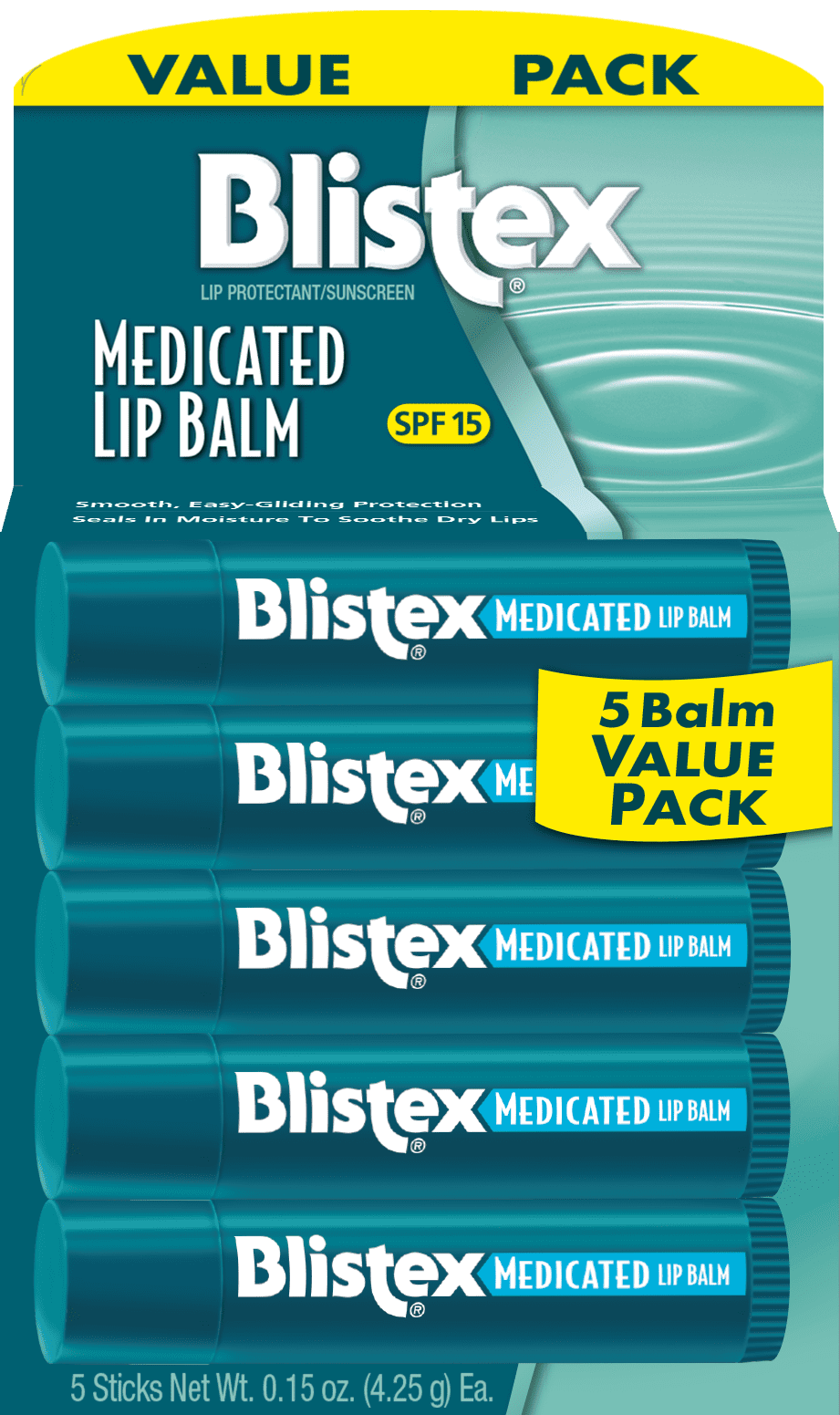 Blistex Moisturizing Long-Lasting Matte Medicated Lip Balm, SPF 15, Clear, 5 Pack