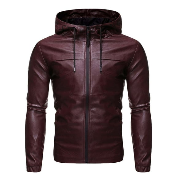 Babysbule Mens Winter Coats Clearance New Men's Casual Leather Jacket Youth Solid Color Hoodie Leather Jacket Long Sleeve Hooded Casual Outwear & Jackets