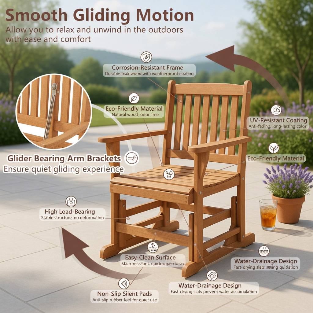 Hommoo 2-Person Acacia Wood Glider Bench Swing Loveseat, Outdoor Rocking Patio Bench with Smooth Glide, Ergonomic 105° Back Angle, Natural