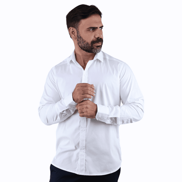 Camisa de Vestir Manga Larga Blanco Slim Fit Cuello Italiano Para Hombre
