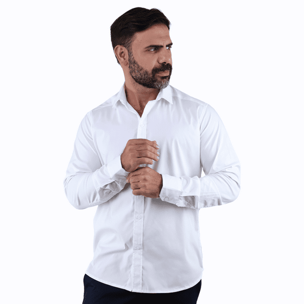 Camisa de Vestir Manga Larga Blanco Slim Fit Cuello Italiano Para Hombre