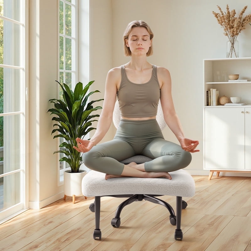Homall Ergonomic Cross Legged Chair,360°Swivel Wheels, Height Adjustable Ergonomic Kneeling Desk Chairs for ADHD,Meditation ,Yoga and Home Office with Strong Lumbar Support,Teddy Fabric,Off White
