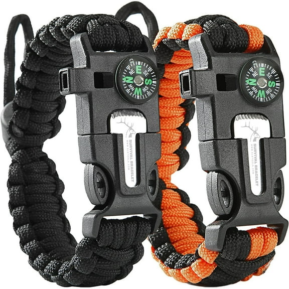 ELK Paracord Survival Bracelets - 2 Pack, Adjustable Size, Loud Whistle, Fire Starter - Ideal for Outdoor Enthusiasts, Hiking, Camping, Fishing, and Hunting (Black and Black Orange)