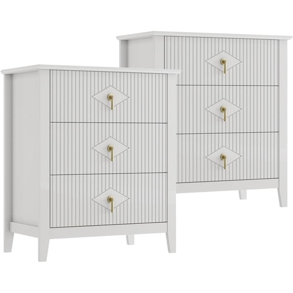 2Pcs Fluted Nightstand, 27.5" Wide Bedside Table with 3 Large Storage Drawers, Modern Night Stand with Metal Handle, Wooden End Table for Bedroom, Living Rooms, Hallway, Entryways, Closet, White