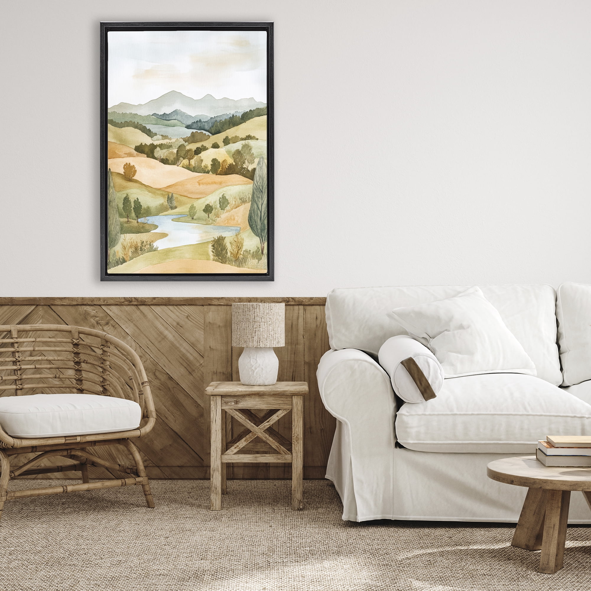 Stupell Industries Watercolor Hills & Tranquil Valley Black Framed Floater Canvas Wall Art, design by Petal Prints Design
