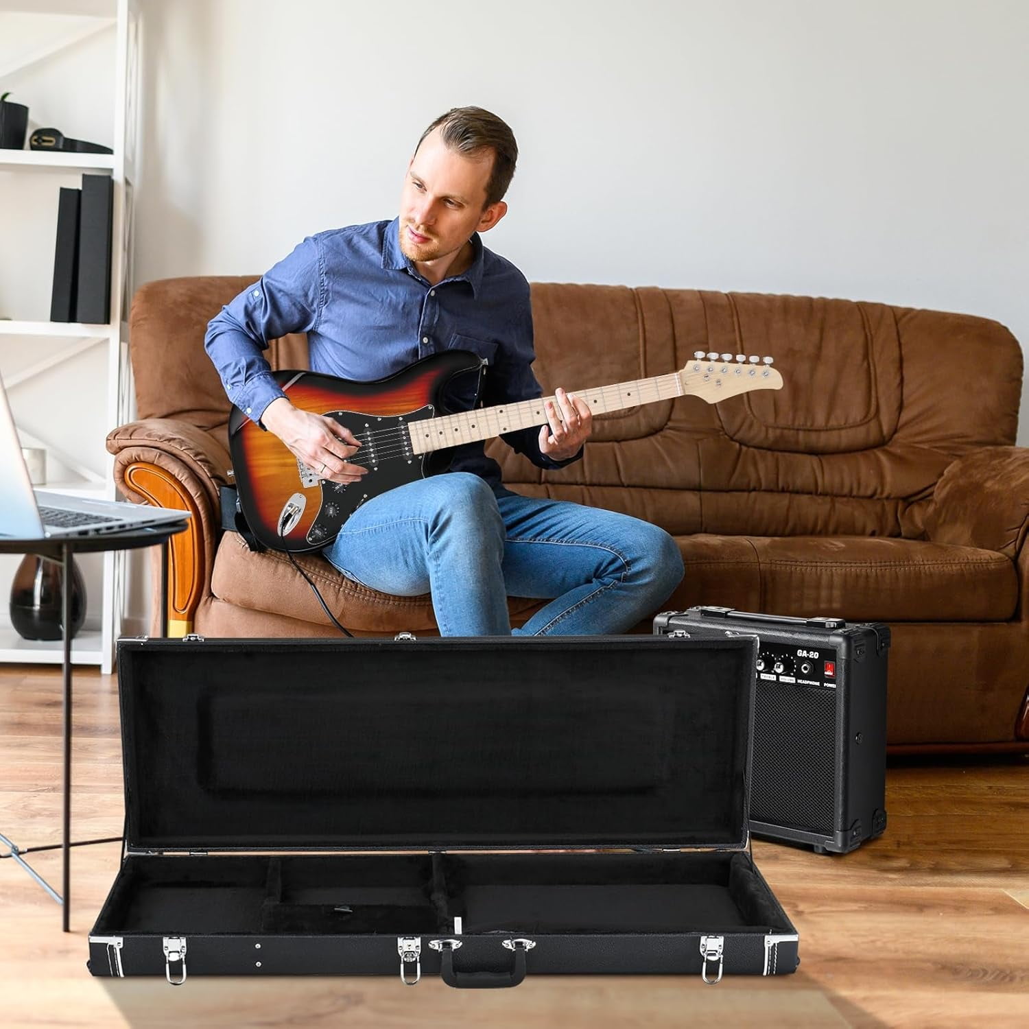 HarmonyStrings Guitar Hard Case, Rectangle Wooden Standard 39-Inch Electric Guitars Hard-Shell Protective Carrying Case for KST/KTL/170 Model with Lock Latch Padding Black