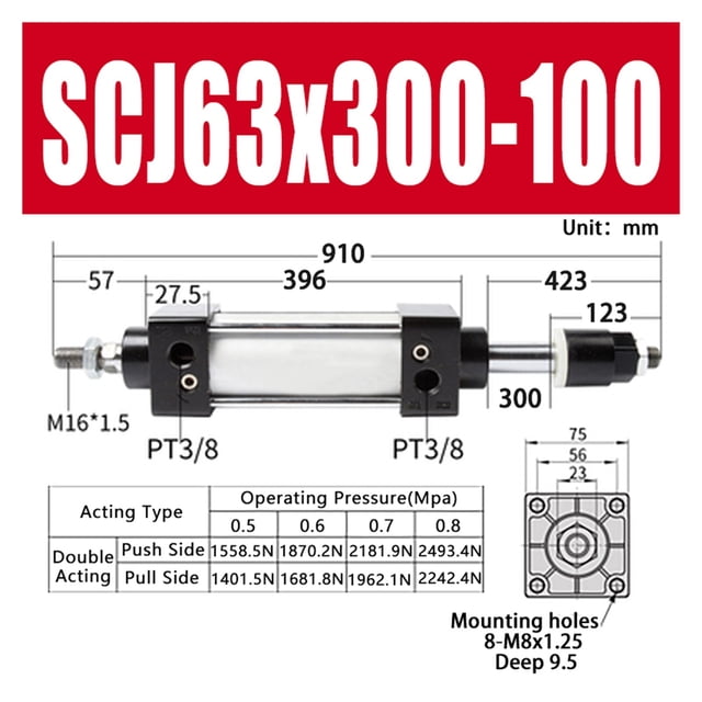 Alésage de Cylindre Pneumatique Standard 63mm Double Action Cylindres d'Air en Aluminium Course Réglable 200-300mm Grande Poussée, Multifonctionnel