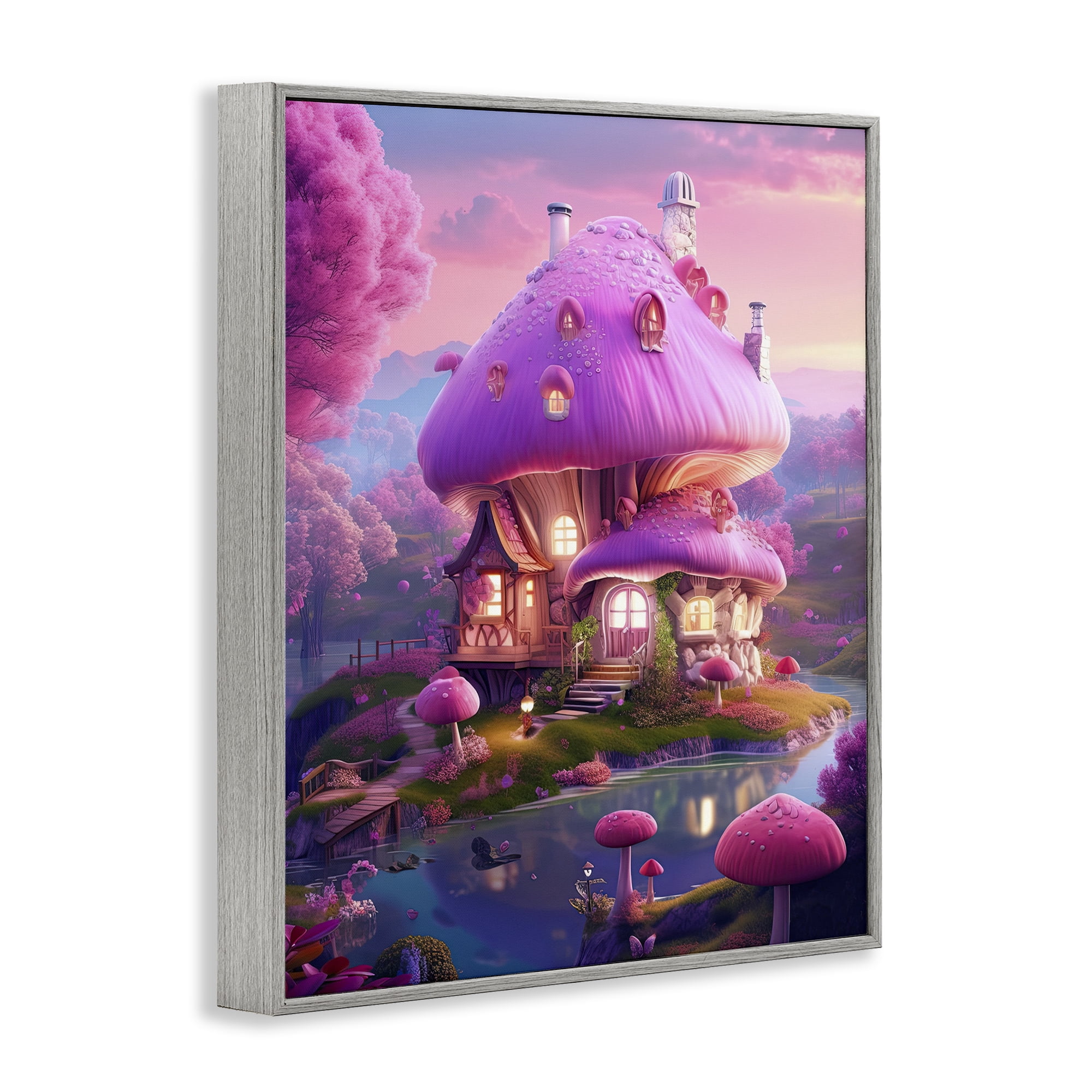Stupell Industries Forest Mushroom Cottage Town & City Painting Gray Framed Art Print Wall Art, 16 x 20