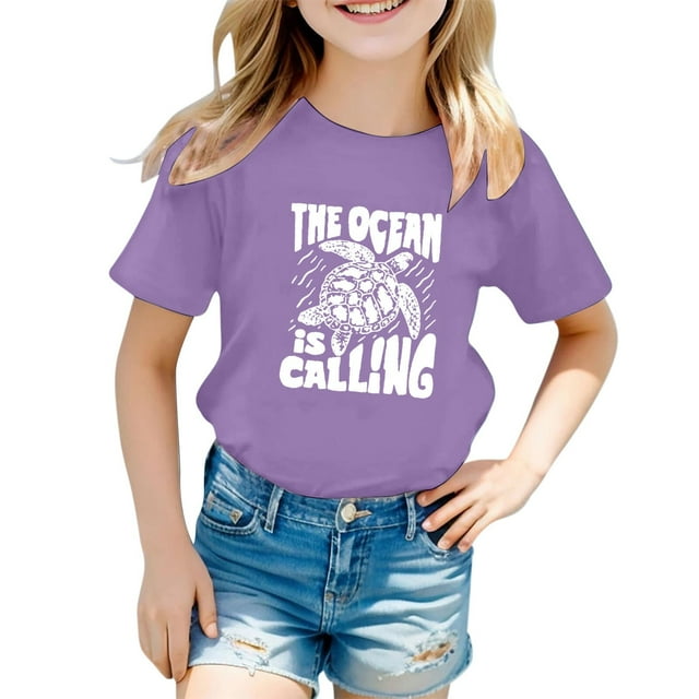 Girls Tops Tees & Shirts Children's Casual Letter Pattern Print Multicolor Round Neck Short Sleeves for Youth Comfort and Style