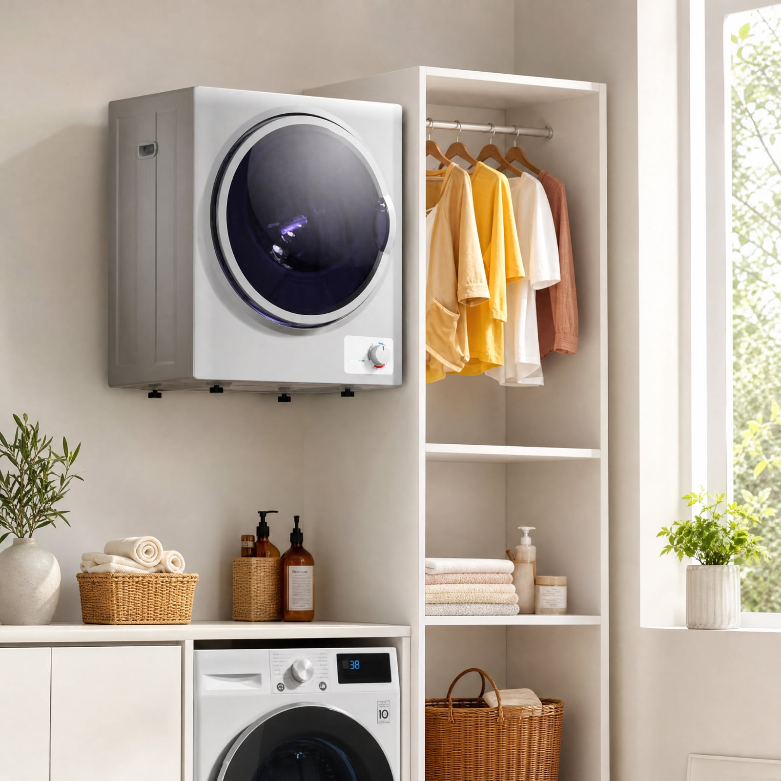 RUIE 1.5 Cu.Ft Portable Clothes Dryer with Stainless Steel Drum & Wall Mount, Compact Laundry Dryer for Apartment Dorm RV, 4 Modes, Anti-Wrinkle Portable Dryer, Silver