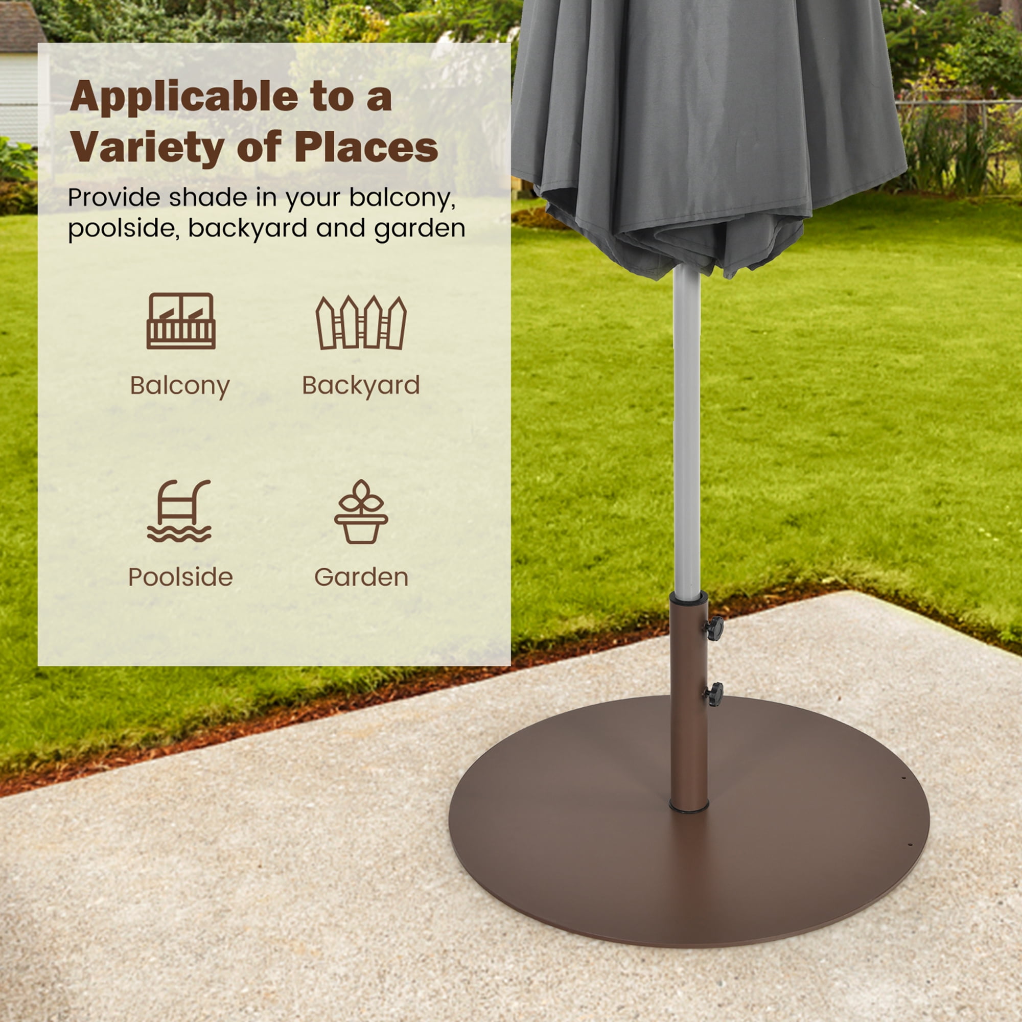Gymax Round Weighted Patio Umbrella Base Stand 59 lbs w/ 3 Adapters Brown