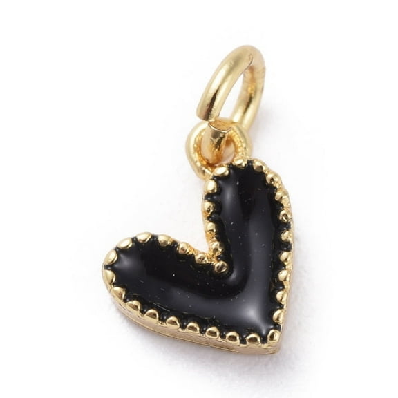 10pc Enamel Charms with Brass Findings Heart Real 18k Gold Plated Black 9x7x2.5mm Hole: 2.5mm