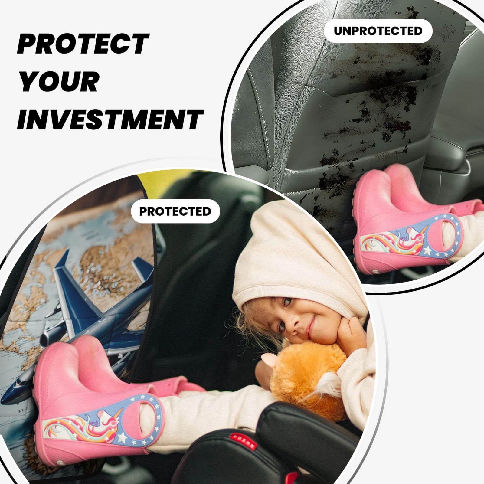 Kdxio Airplane World Map Adventure Print 2 Pack Car Kick Mat Seat Cover Back Protector Mat with Pockets for Organizer Backseat Protector and Storage Anti Kick Pad for Vehicles