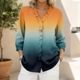 thumbnail image 2 of XPMWRP Women's V‑Neck Ruffle Placket Ombre Gradient Draped 3/4 Sleeve Blouse Soft Loose Fit Casual Summer Top Romantic Feminine for Daily Vacation Wear Navy XL, 2 of 5