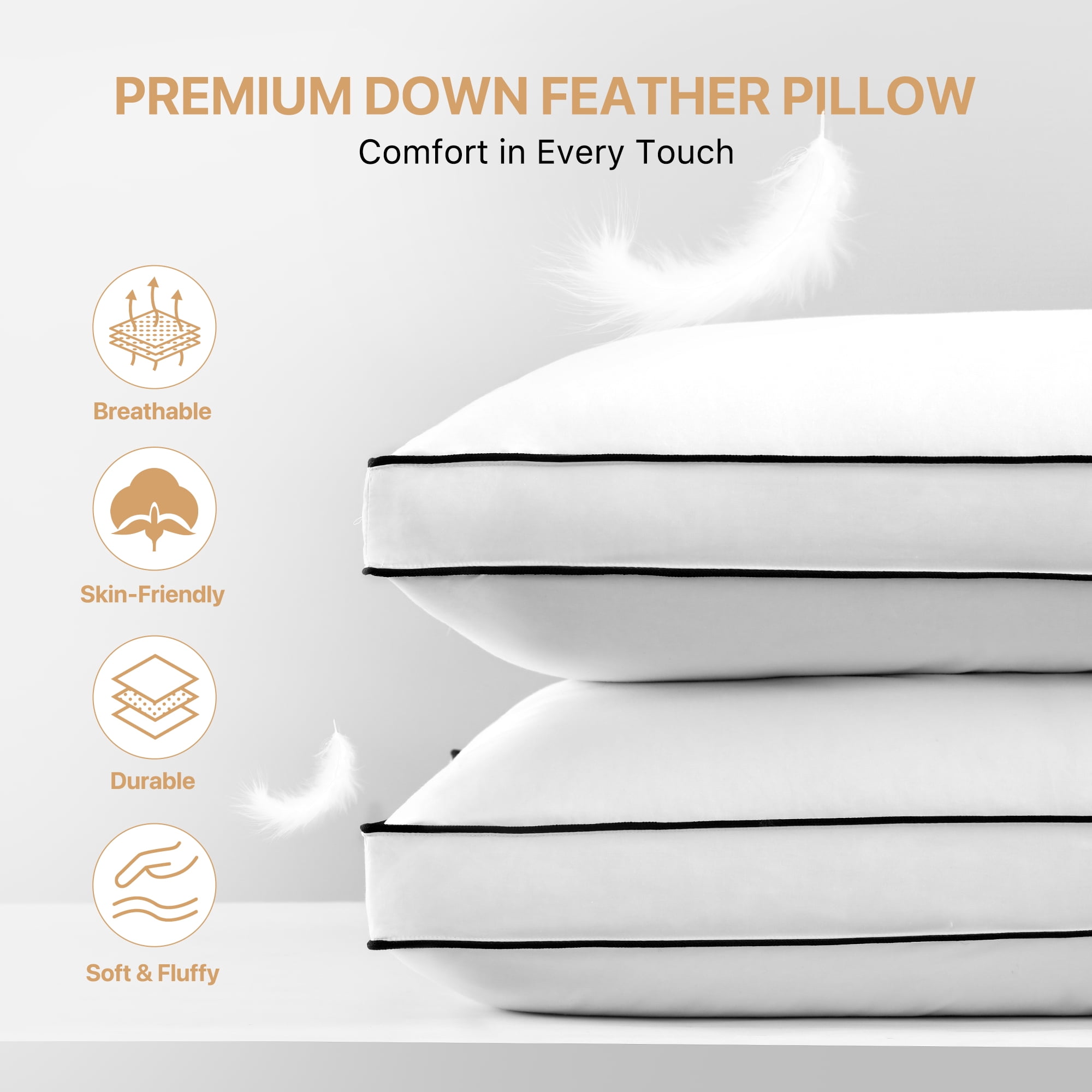Howsheep Gusseted Feather Down Pillow Set of 2, Medium Firm Hotel Bed Pillows 2 Pack, Queen Size for Side Sleepers, 20 x 30 in