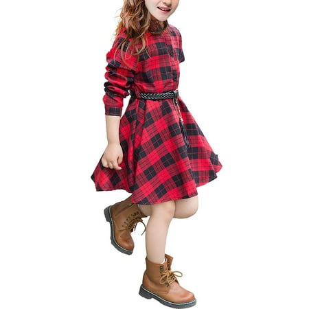

ZHAGHMIN Girls Ruffle Sleeve Dress Girls Casual Dress Belt Long Sleeve Buffalo Check Black White Red Plaid Dresses for Kid Youth Swing Dress Vintage Girl Dress Girls Dress 4 Years Cute Toddler Girl