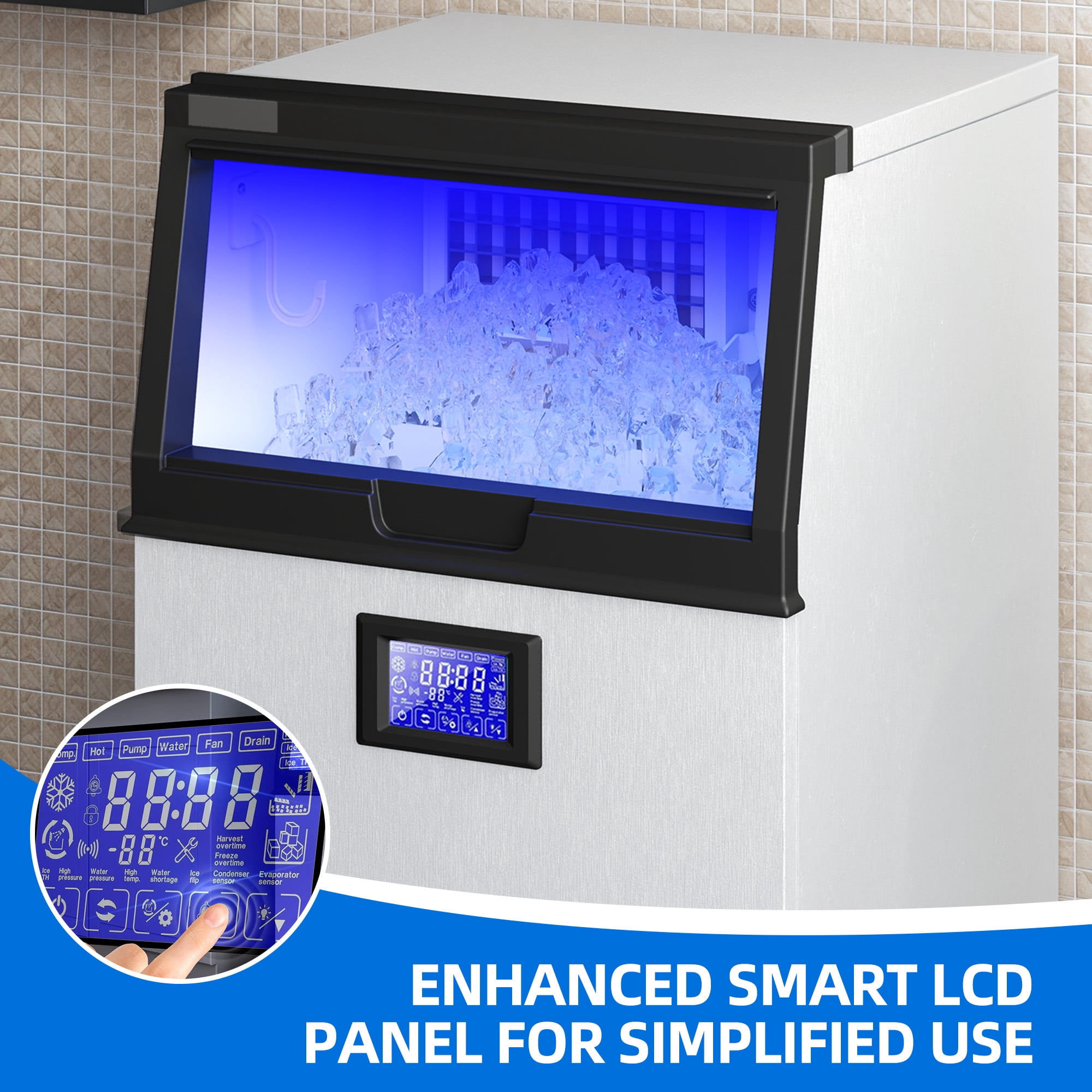 Dextrus Commercial Ice Maker 132lbs/24h with 33lbs Storage Bin,Freestanding Ice Machine,LCD Panel  with Blue Light & Stainless Steel Scoop
