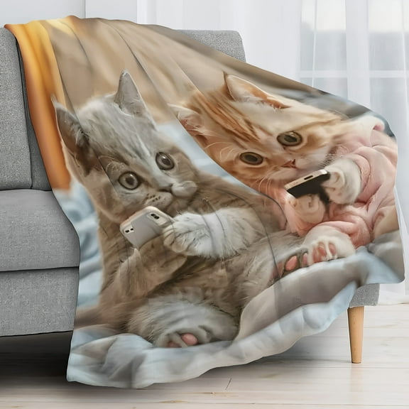 Naughty Kitten Print Flannel Blanket Soft Warm Cozy Skin-Friendly Machine Washable Multipurpose Knit Fabric for Sofa Bed Car Camping Office Home Decor All Seasons Gift