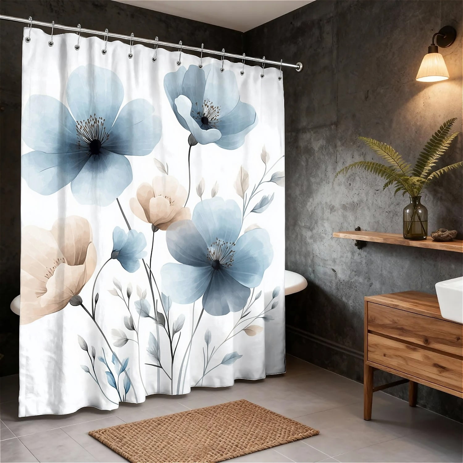 Shower Curtain Navy Blue Geometric Water Repellent Shower Curtain Set, With Hooks，Machine Washable, Modern Decorative Polyester Cloth Shower Curtains For Bathroom,72"x84",Blue Beige Floral Art